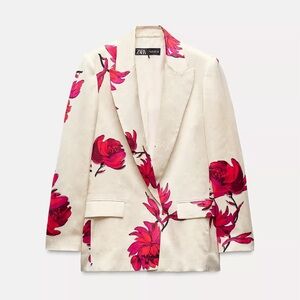 ZARA Cream and Red Satin Blazer with Bold Floral Design
